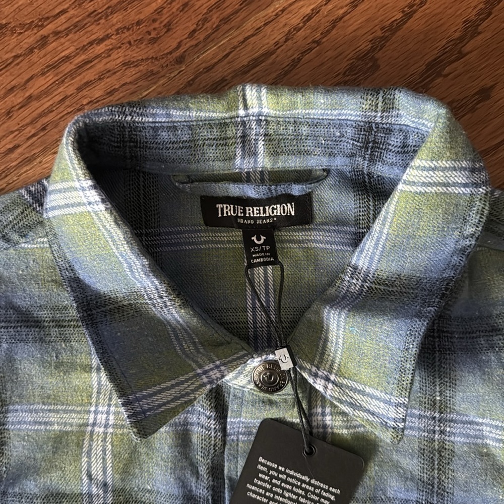 TRUE RELIGION HS Brushed Flannel Womens Button Up Long Sleeve Iris Green Blue XS - Picture 8 of 9
